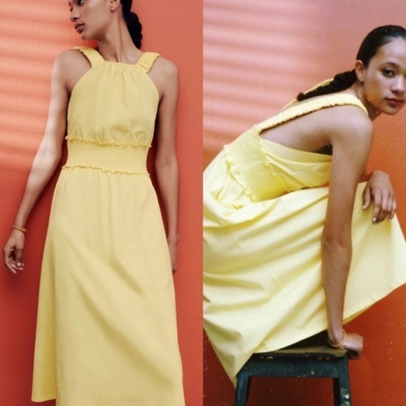 Zara yellow 100% cotton midi smocked dress NWT - Picture 2 of 8